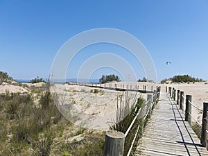 Walkway on the beach. Ebro River Delta.