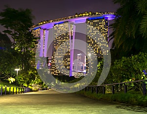 Walkway beatiful light building the marina bay singapore