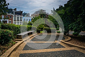 Walkway and bench at Meridian Hill Park, in Washington, DC.