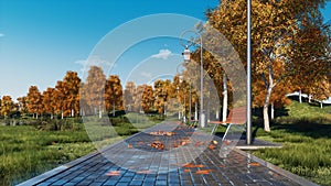 Walkway with benches and autumn trees in city park