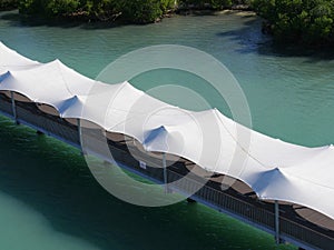 Walkway from the cruise harbor leading to the island of Harvest Cay in Belize