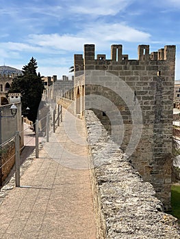 walkway on defensive wall in Alcudia town, Majorca, Spain