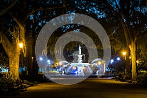 Walkway and fountain at night, at Forsyth Park, in Savannah, Georgia