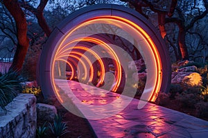 a walkway with glowing neon lights leading to a large circular tunnel