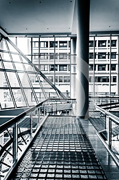 Walkway and modern architecture in The Gallery, at the Inner Harbor in Baltimore, Maryland.