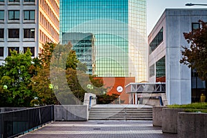 Walkway and modern buildings in downtown Winston-Salem, North Ca