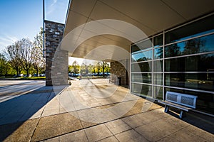 Walkway and modern buildings at Loyola University Maryland, in B