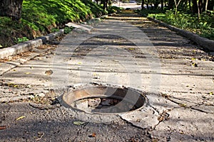 Walkway with opened sewers hatch