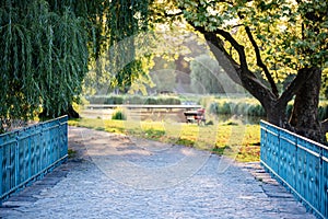 Walkway at park Stromovka in Prague, Czech Republic. The most beautiful park in Prague. Beautiul view of park, blurred background.