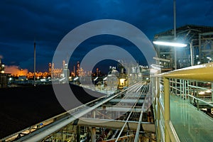 Walkway in petrochem plant at night