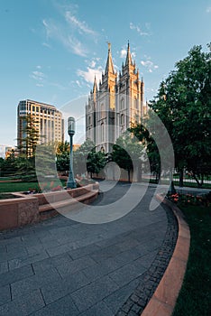 Walkway and the Salt Lake LDS Temple, at Temple Square, in Salt Lake City, Utah