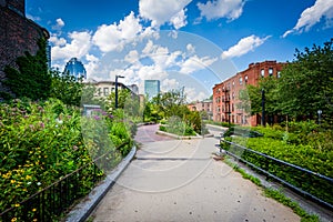 Walkway at Southwest Corridor Park in Back Bay, Boston, Massachusetts.