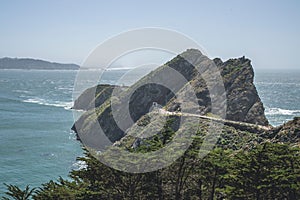 The walkway to Point Bonita Lighthouse in bright sunlight in Marin County, California, United States