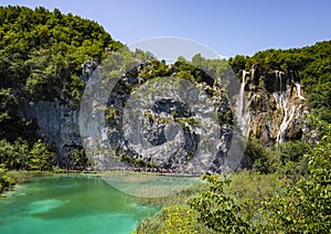 Walkway to Veliki Slap Big Waterfall in Plitvice Lakes National Park, Croatia