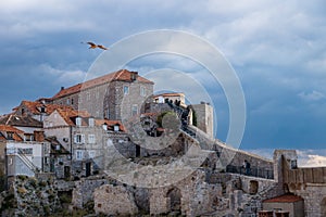 Walkway up to the sunshined fortress of Durbrovnik with dramatic cloudscape and gull flying over it, Croatia