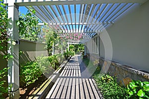 Walkway with veranda like semi open wooden rooftop