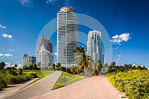Walkways at South Pointe Park and skyscrapers in Miami Beach, Fl