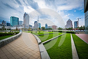 Walkways and view of the Uptown skyline, at First Ward Park in U