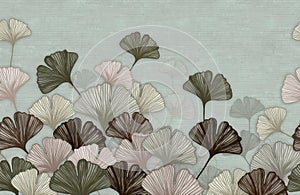 wall abstract modern pattern with tropical ginkgo leaves on textured grunge blue background
