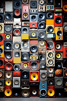 Wall adorned with a collection of vintage speakers