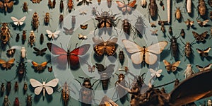 A wall adorned with a variety of taxidermy insects, displaying the specialized interest in entomology, concept of