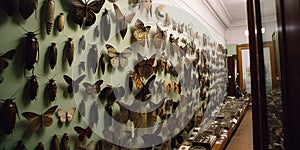 A wall adorned with a variety of taxidermy insects, displaying the specialized interest in entomology, concept of photo