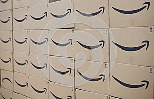 Wall of Amazon Prime shipping boxes