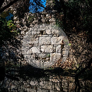 Wall of ancient ruins in the jungle by the lake