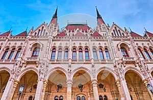 The wall and arcade of Hungarian Parliament, Budapest, Hungary