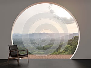 A wall with arch shape gap looking out over the mountains 3d render photo