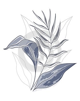 Wall art, delicate grey-blue watercolor leaves and contour leaves on a white background. Line art, poster