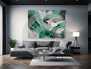 Wall art, Emerald Green & Grey Modernist Living Room Interior Design.