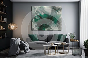 Wall art, Emerald Green & Grey Modernist Living Room Interior Design.