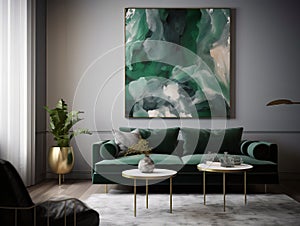 Wall art, Emerald Green & Grey Modernist Living Room Interior Design.