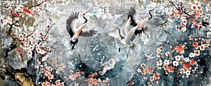 wall art, marble background with crane designs , wall decoration