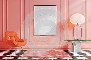Wall art mockup of vertical blank frame, checkered floor and peach color wall. Preppy room interior. Pastel Y2K photo
