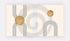 Wall art prints with moon and rainbow lines. Boho mid century design posters