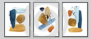 Wall art triptych. Set of posters with golden, blue watercolor brush strokes and black splatters. Home decor design. photo