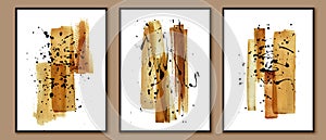 Wall art triptych. Set of posters with golden watercolor brush strokes and black splatters. Home decor design. photo