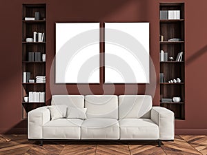 Wall art and white couch in modern dark red living room