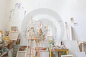 Wall in the artist`s studio interior, workshop