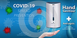 Wall automatic sanitizer dispenser for hand. Covid-19 spread prevention. Soap or antiseptic dispenser ads. Best protection against