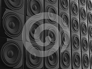 Wall of bass sub woofer sound speakers - angled shot photo