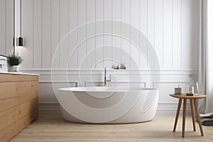 interior modern luxury bathroom architecture white wood bathtub home towel house. Generative AI.