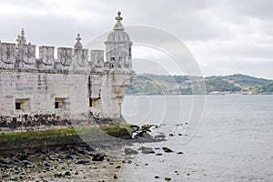 Wall of the Belem, Tower Torre de Belem, on the Tagus river, Lisbon, Portugal.