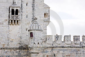 Wall of the Belem, Tower Torre de Belem, on the Tagus river, Lisbon, Portugal.