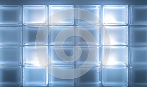 A wall of blue and white glass blocks