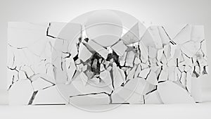 Wall broken and fractured by the massive ball. 3d render.