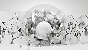 Wall broken and fractured by the massive ball. 3d render.