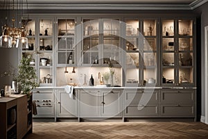 a wall of cabinets and cupboards with clear glass doors for easy access to items